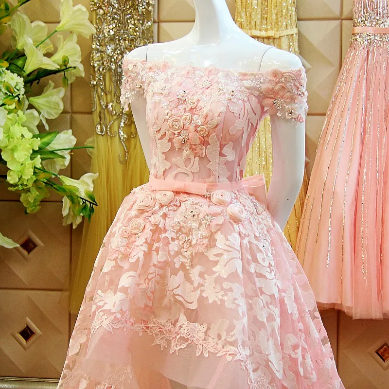 Bows สีชมพูลูกไม้ Prom Ball Gown 2018หมวกเรือคอ Appliques Vestido De Festa ดอกไม้ Sequined แม่ของชุดเจ้าสาว