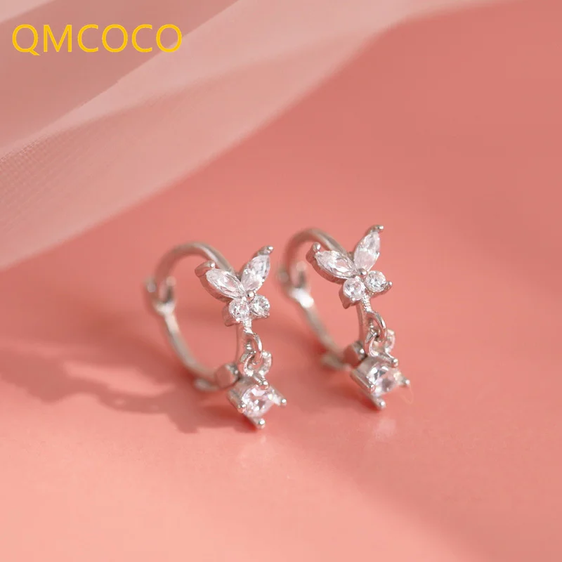 QMCOCO Silver Color Earrings Design Trendy Elegant Both Butterfly Zircon Party Accessories Creative Fine Jewelry For Woman Gifts