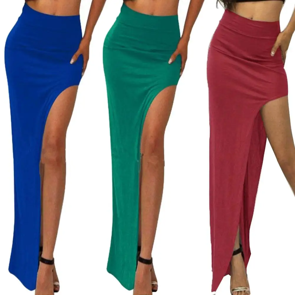 Sexy Vrouwen Effen Kleur Hoge Taille Side Slit Gebreide Elastische Bodycon Lange Rok