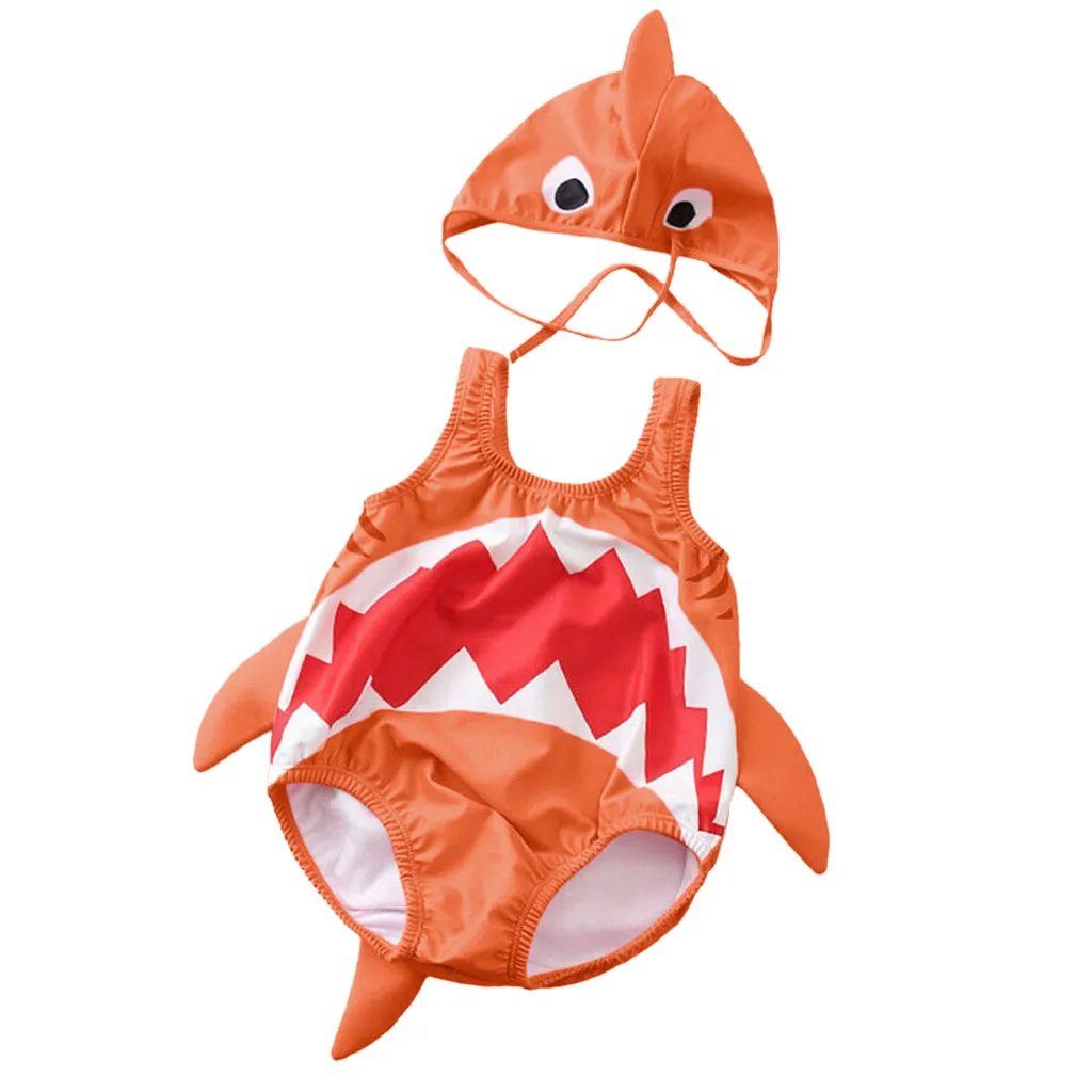 Babys Summer Clothes Swimsuits Toddler Kids Baby Girls Boys Cartoon Shark Swimsuit Bikini Swimwear Romper Hat Bathing Suit