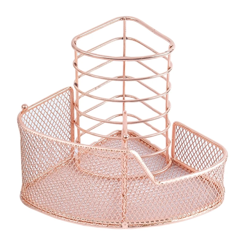 Exquisite Rose Gold Mesh Pen Holder Triangle-shaped Metal Stationery Storage Holder 3 Compartment for Office Home School