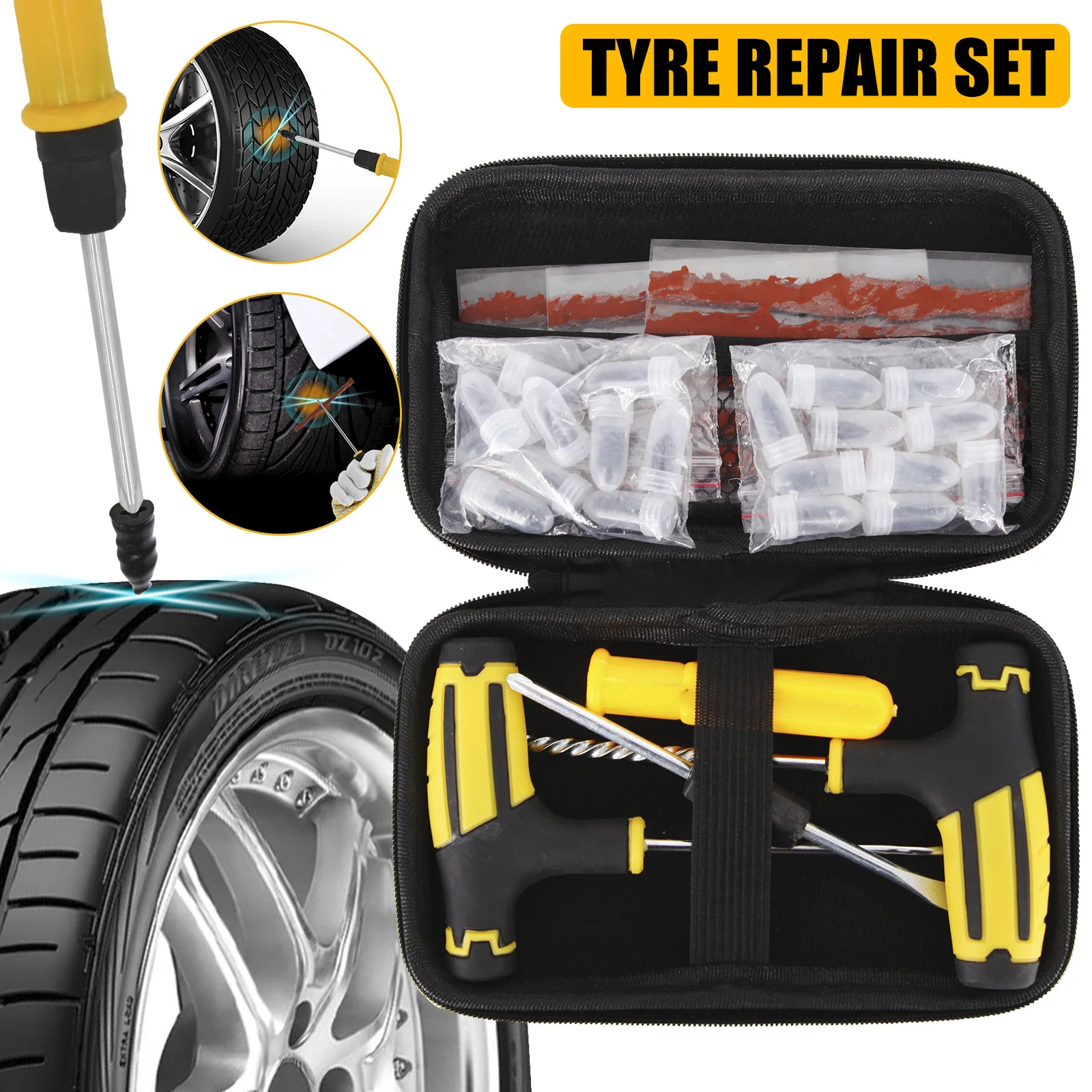 

Car Tire Repair Tool Kit W/ EVA Storage Case Studding Tool Set Auto Puncture Plug Garage Needle Nose Pliers Car Accessories