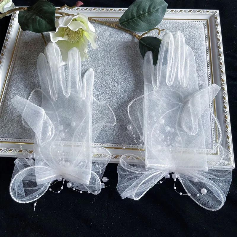 Wedding Gloves Transparent Gauze Bowknot Tulle Gloves Pearl Beaded Bridal Short Full Finger Dress Gloves Marriage Accessories