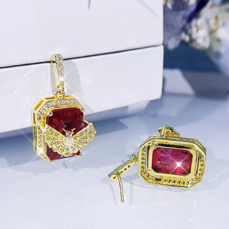 Fashion Elegant Ruby Butterfly Earrings Inlaid Crystal Zircon Three-Dimensional Flower High-Quality Wedding Earring Jewelry Gift
