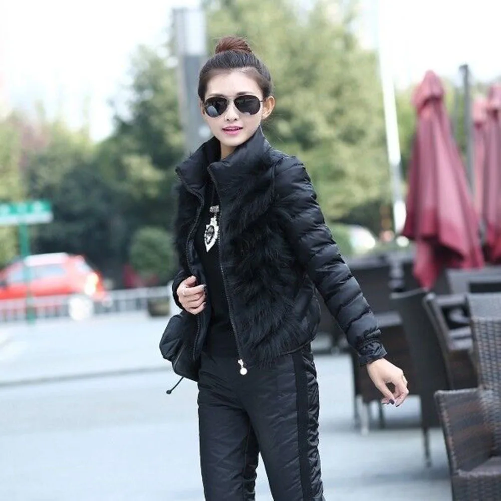 Real Rabbit Fur Down Cotton Three-piece Suit Women\'s Winter 2021 New Fashion Vest Thickened High-end Cotton Padded Warm Trousers