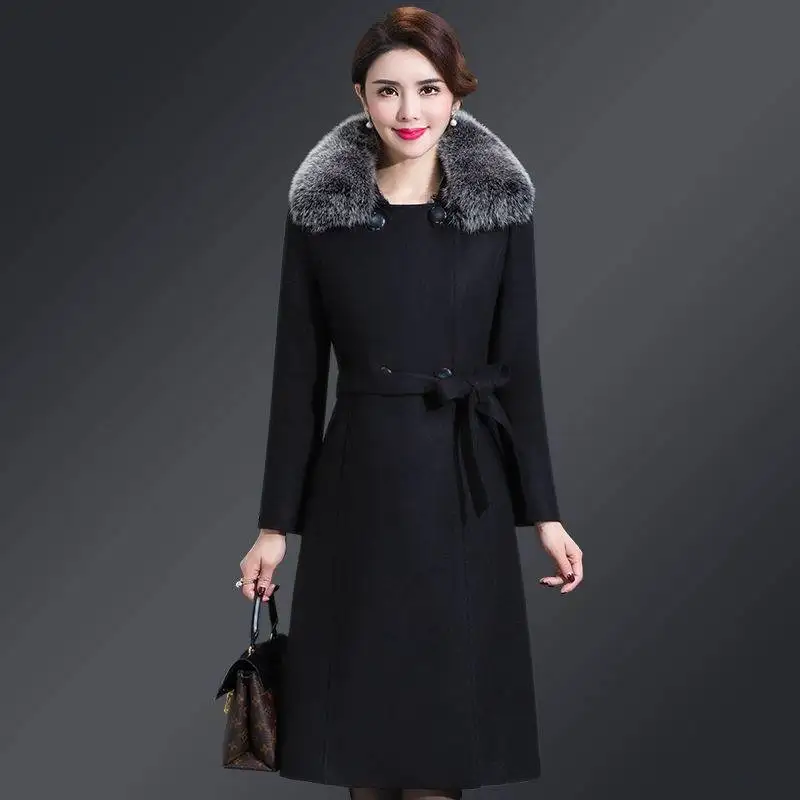 High Quality Big Fur Collar Woolen Coat Women Belt Knee-Length Double Breasted Mid-Long Woolen Jacket For Autumn Winter Outcoat