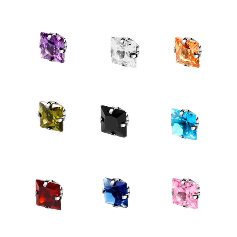 10Pcs Square CZ Gem Steel Top Internally Thread 16g For Ear Cartilage Tragus Helix Piercing Labret Lip Studs Ring  Body Jewelry