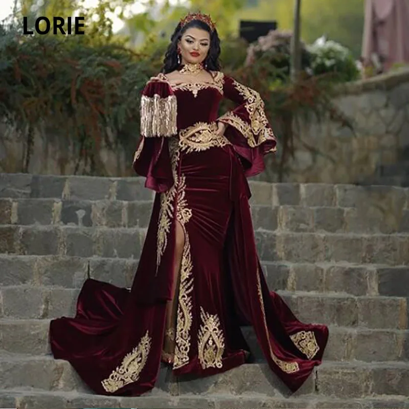 Lorie Marokkaanse Caftan Arabische Avondjurk Met Afneembare Train Applicaties Gold Lace Lange Mouwen Mermaid Fluwelen Prom Partij Jassen