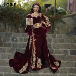 LORIE Moroccan Caftan Arabic Evening Dress with Detachable Train Appliques Gold Lace Long Sleeve Mermaid Velvet Prom Party Gowns