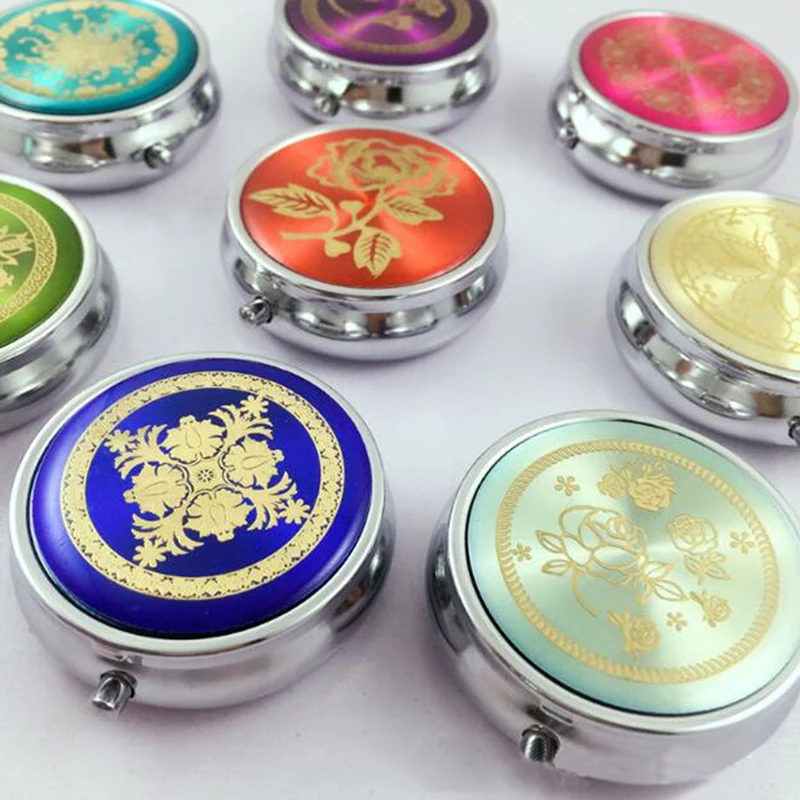 1pc Random Pattern Box Pill Storage Container Medicine Box Metal Round Flower Print Folding Pill Case Medicine Organizer