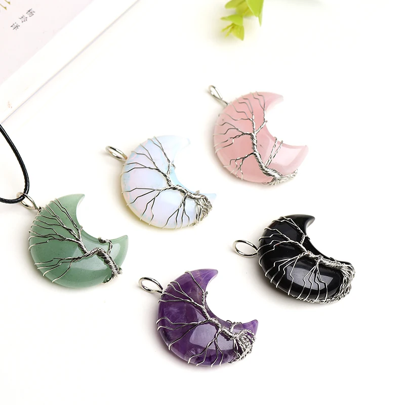 Natural Crystal Moon Pendant Life Moon Shape Reiki Polishing Mineral Stone Healing Jewelry For Men Women DIY Gifts Jewelry