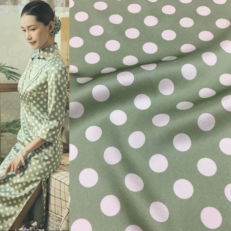 

White polka dot printing bean green bottom stretch twill digital printing mulberry silk fabric cloth for sewing dress per meter