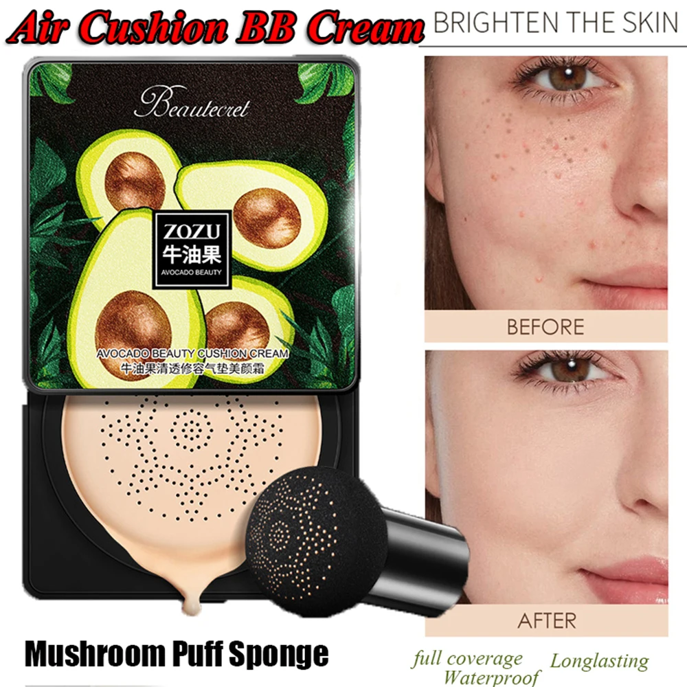 Women Waterproof Foundation Concealer Brightening With Mushroom Puff Sponge Face Makeup Air Cushion BB Cream Avocado