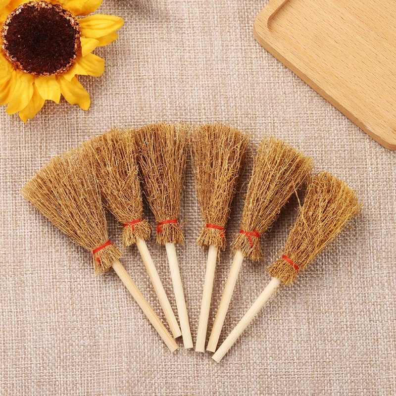 Mini Red Rope Straw Broom, Hanging Decorations for Halloween Party, Costume Witch Broom, Dollhouse Accessories, 12Pcs