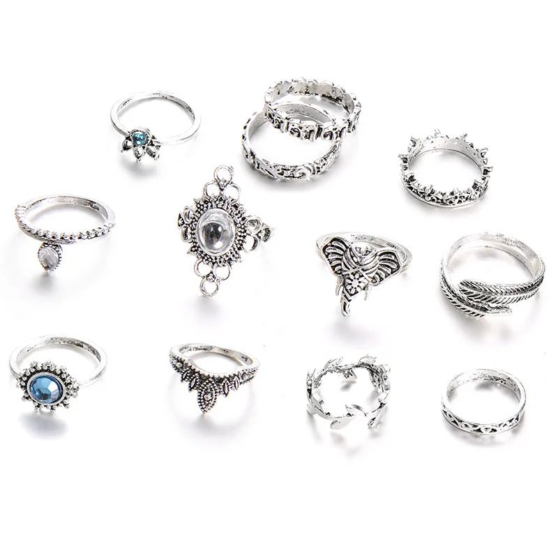 12pcs/Set Fashion Elephant Knuckle Rings Set For Women Crystal Stone Feather finger Ring Female Boho Party Jewelry Gift