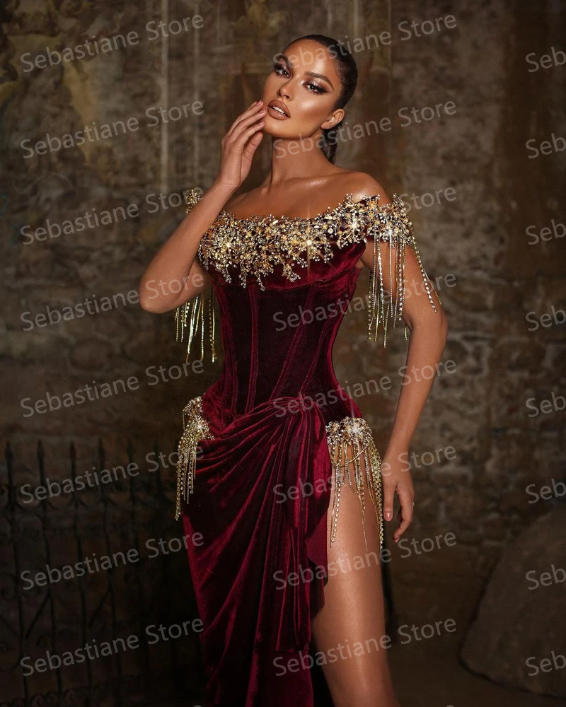 Gorgeous Beaded Prom Dresses Cap Sleeves Tassels Mermaid Ruffles Side Split Women Pageant Evening Gowns 2021