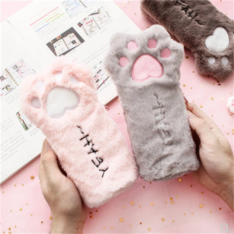 1pcs Kawaii Creative pencil case Cartoon cat paw cute girl plush octagonal pen bag girl student simple storage bag