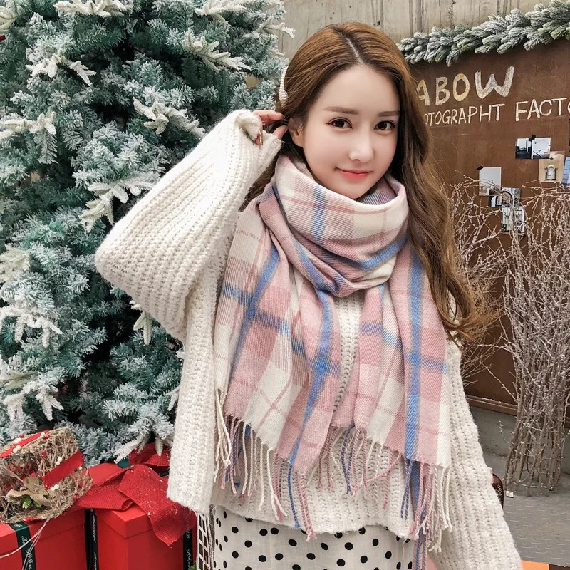 Plaid scarf autumn winter new style imitation cashmere lady Japanese small fresh girl long thickened scarf Korean version
