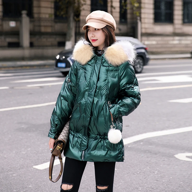 

Winter Jackets Women's Long Shiny Hooded Female Cold Coat Plus Size Thick Fur Collar Cotton Padded With Hairball Casual Parkas