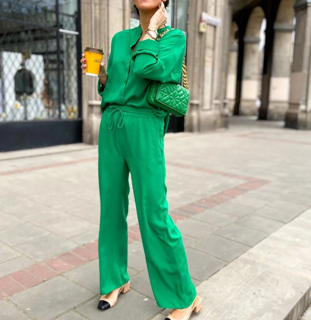 XEASY 2021 New Summer Women Vintage  Two-Piece Set Green Loose Round Neck Shirt Elastic  High Waist Casual Trousers Pants Set