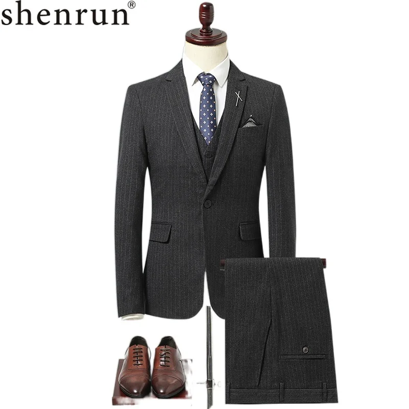 

Shenrun Men Stripe Suits Slim Fashion Business Work Formal Casual 3 Pieces Suit Wedding Groom Party Prom Banquet Black Blue Gray