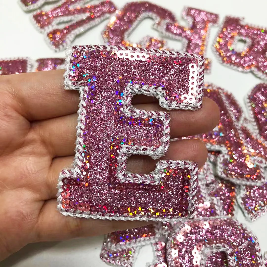 New Pink Sequins Letter Alphabet Patch For Clothes Iron On Garment Accessories Embroidered Applique Decoration Repair Patches