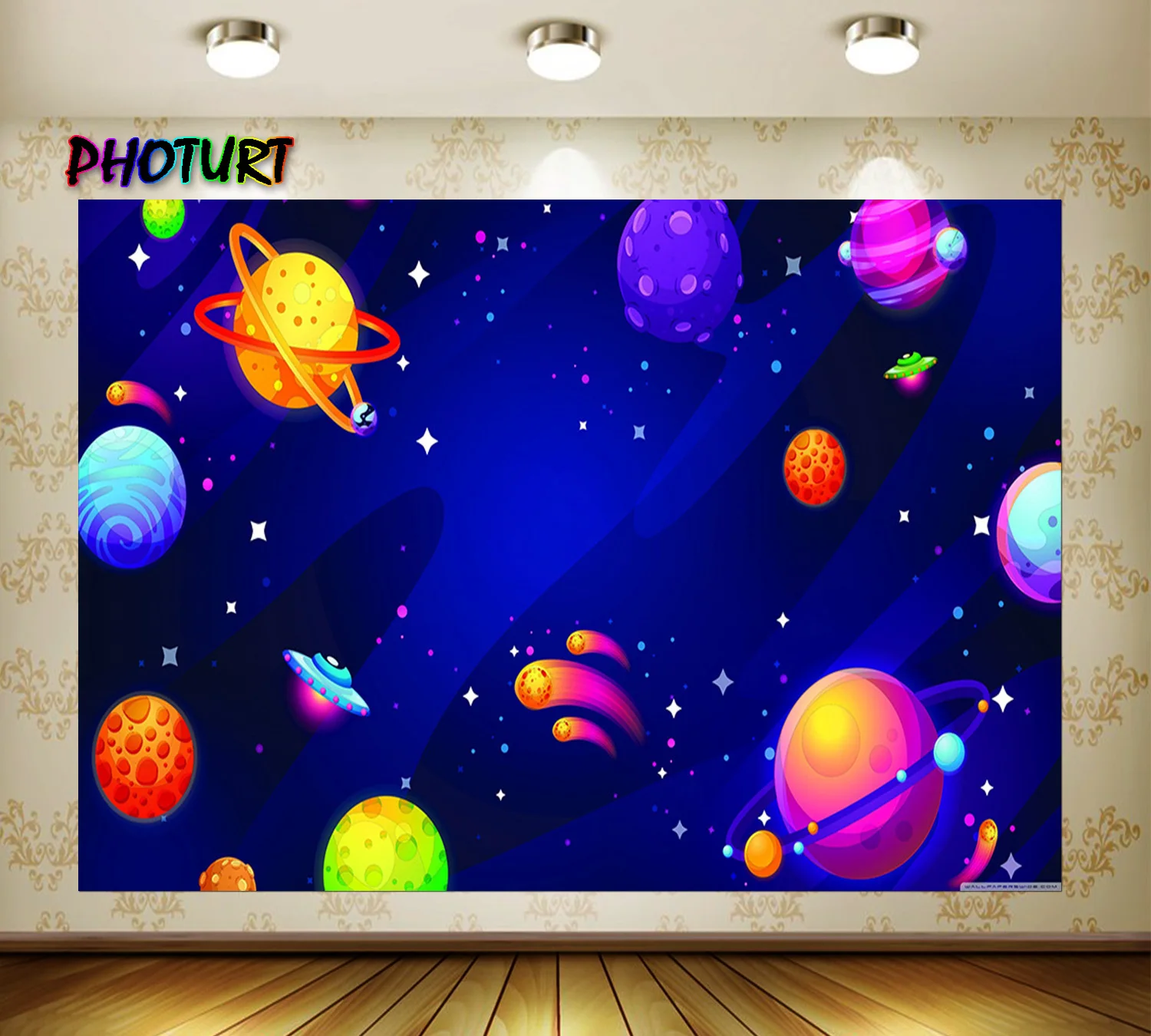 PHOTURT UFO Planets Photography Backdrop 1st Birthday Party Background Dark Blue Universe Vinyl Photo Banner Studios Props