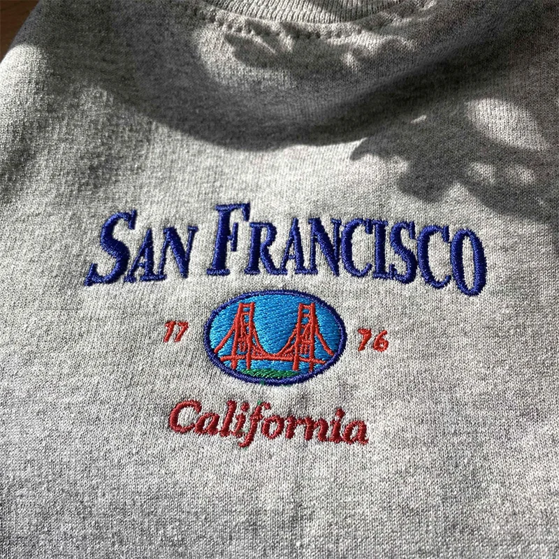 San Francisco-Pull en coton à col rond pour femme, broderie Golden Gate Bridge, optique imprimée, PVD, adt, vintage, décontracté, automne