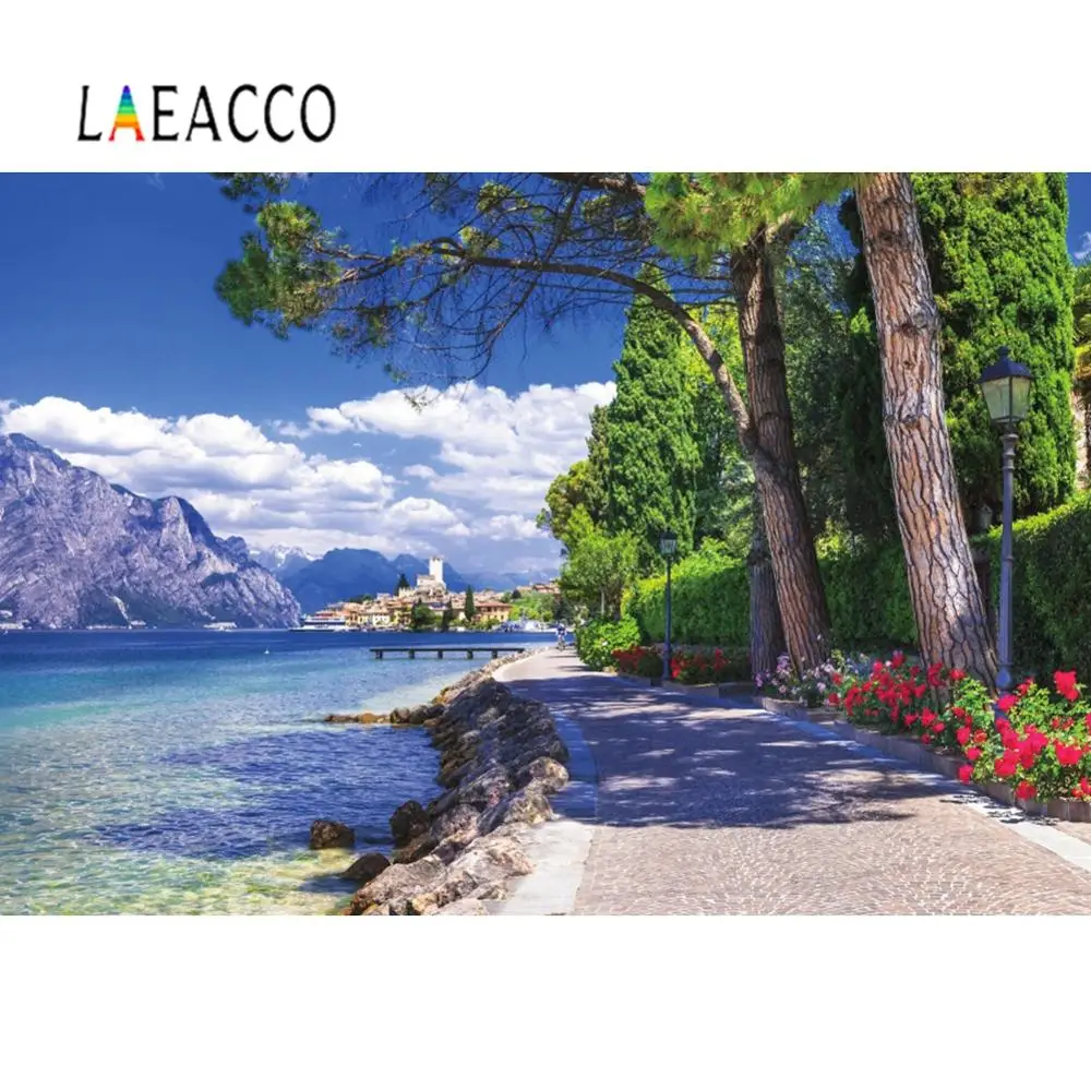 Laeacco Photo Backgrounds Town Seaside Mountain Tree Pathway Blue Sky Cloudy Scenic Photography Backdrop Photocall Photo Studio