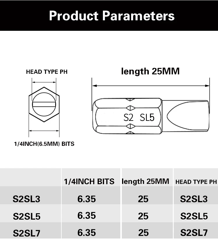 1 Inch SL3 SL5 SL7 Slotted Screwdriver Bit Set S2 Steel 1/4 Inch 6.35mm Hex Shank Electric Screwdriver Bits For Power Tools