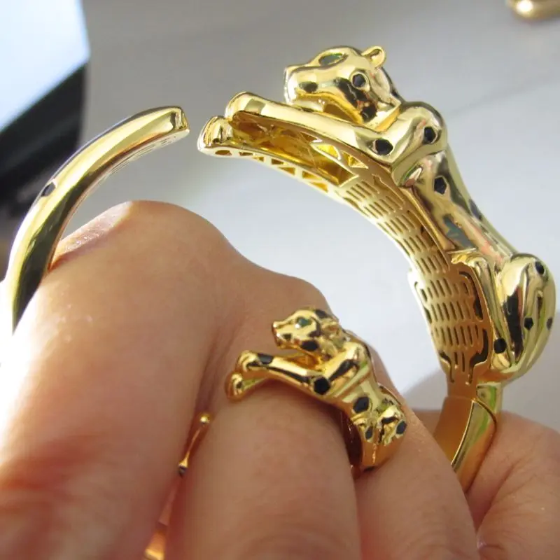 Black spots Leopard Head cuff bangle bracelet with Ring Panther Design Copper brazilian gold jewelry set for for Women or men