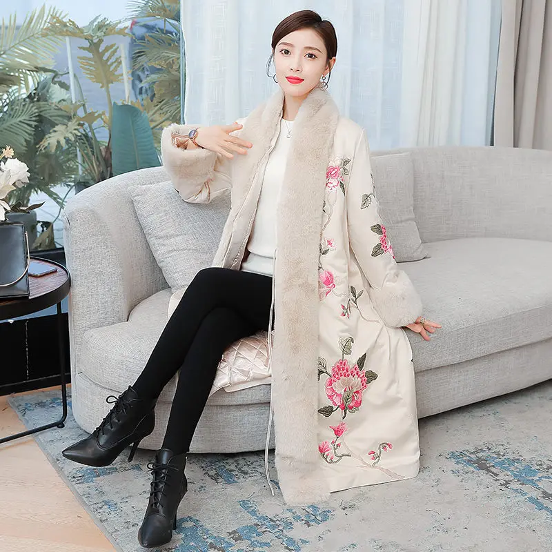 Chinese Style Winter Jacket For Women Fur Collar Padded Coat Fashion Retro Printing Long Cotton Outwear Abrigos M1143