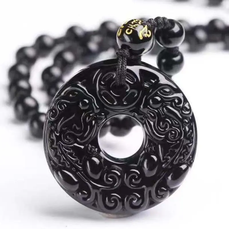 Natural Black Obsidian Hand Carved Chinese Pixiu Phoenix BaGua Lucky Amulet Peace Mascot Pendant Necklace For Women Men