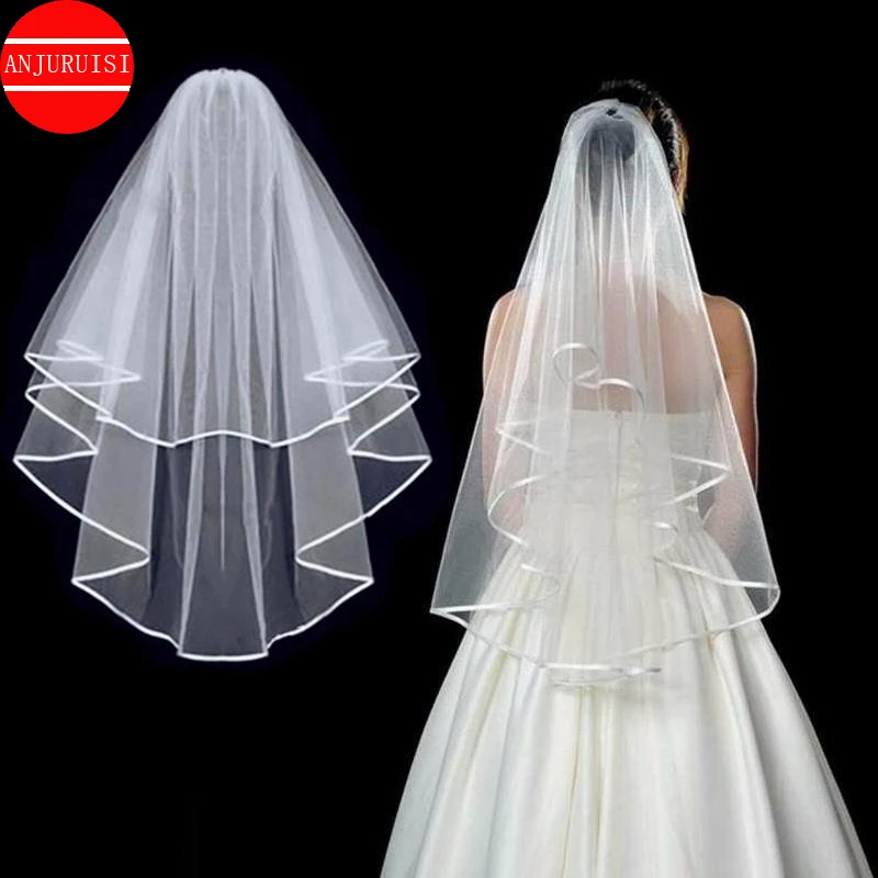 Zwei Schicht Kurze Hochzeit Schleier Einfache Rand Billig WhiteTulle Braut Velo Mit Kamm Hochzeit Zubehör Boda Velo de Novia 2020