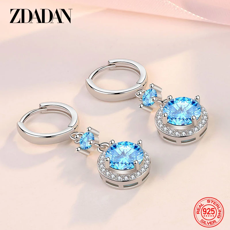 ZDADAN 925 Sterling Silver Geometric Blue Water Drop Earrings For Women Fashion Jewelry Wedding Gift