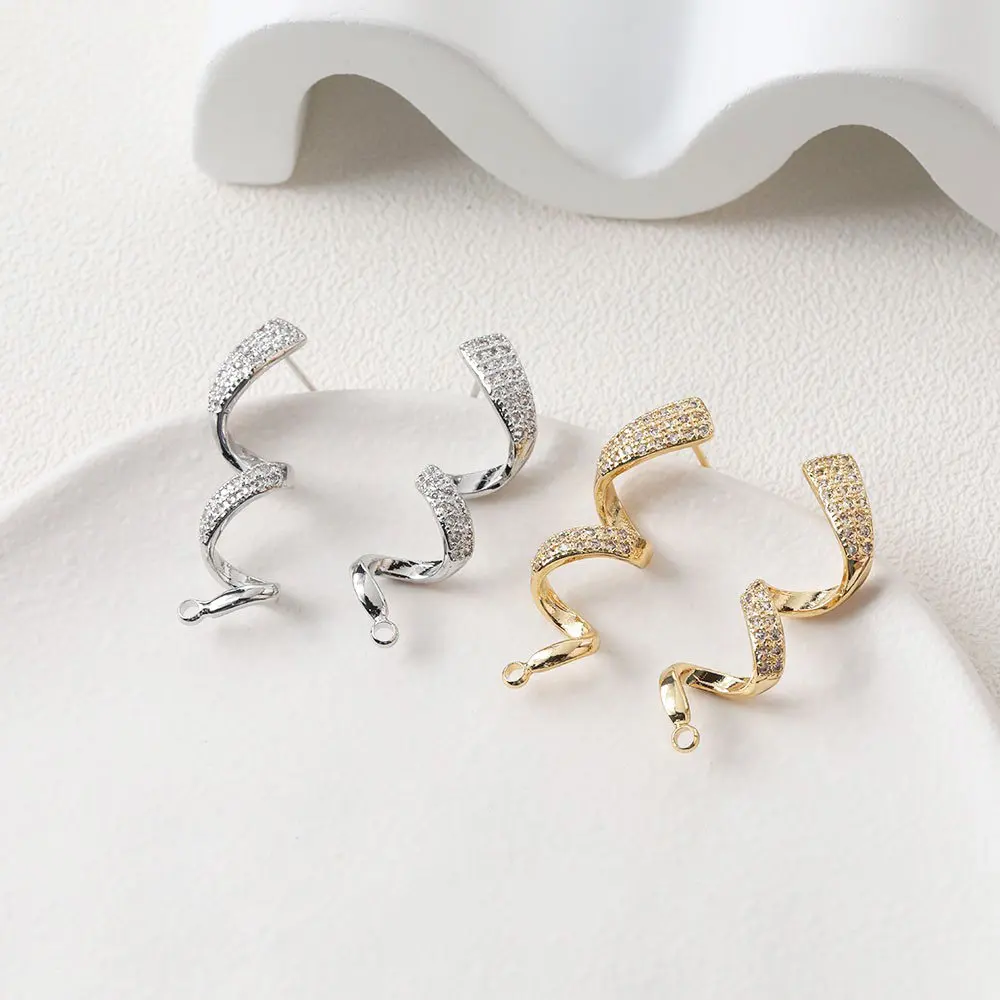 2PCS 14k Gold Plated S-shaped Ear Studs Diy Earrings Supplies with Zircon Superior Quality Hand Made Brass Accessories