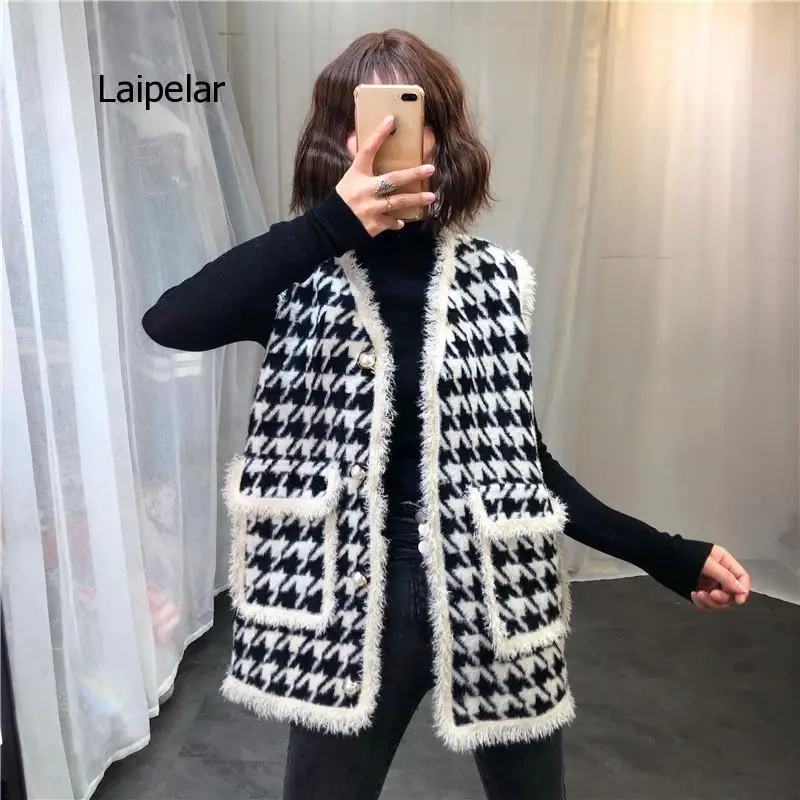 Jaqueta Houndstooth sem mangas para mulheres, cardigã xadrez, colete longo, colete xadrez, bolso, casaco de lã, moda feminina, outono, inverno, 2024