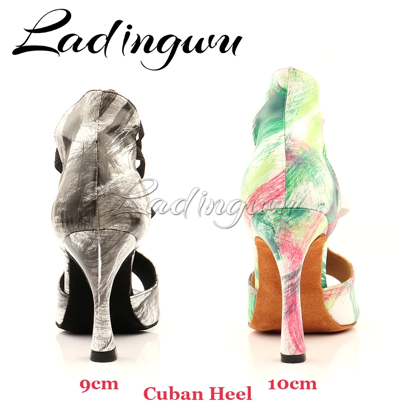 Ladingwu-zapatos de baile latino para mujer, botas de primavera y verano, sandalias de Salsa, Tango, grafiti, zapatos de baile latino de cuero, tacón de 6-10cm