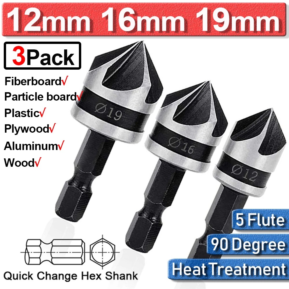 

3pcs/set 12/16/19mm 1/4" Hex Countersink Drill Bit Set Quick Change Shank Wood Metal Bore Set Hexagonal Shank Drill Bit Set D30