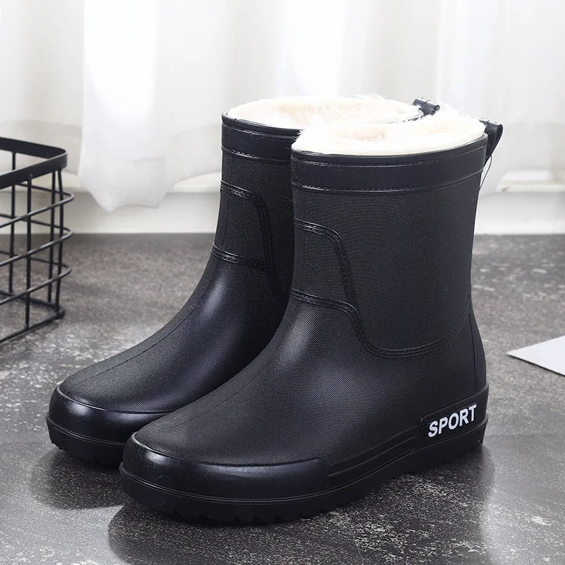 

Men Hot Fashion Mid-calf Rain Boots Winter Solid Color Waterproof Warm Rainboots Non-slip Safety Work Water Shoes