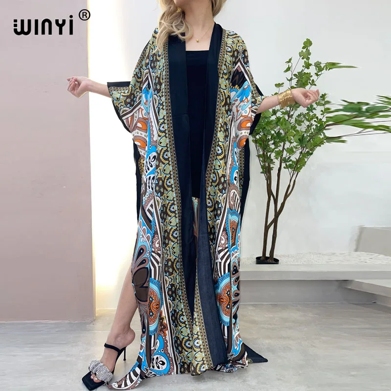 

WINYI 2021 Cotton Bikini Sweet Lady pink Boho Print Self Belted Front Open Long Kimono Dress Beach Tunic Women Wrap Dress