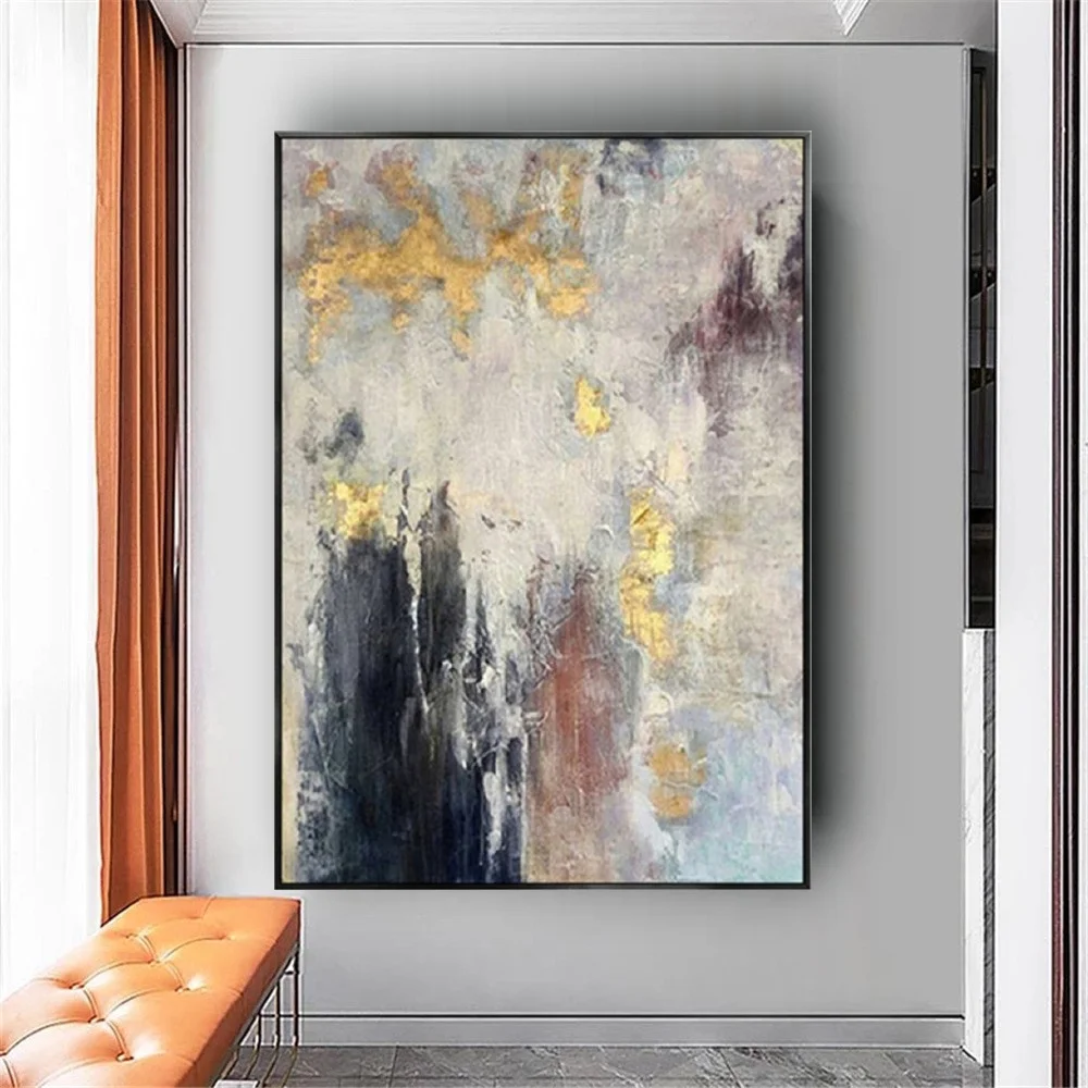 

Handmade Abstract Oil Painting On Canvas Modern Landscape Wall Art Retro Gold Foil Picture For Living Room Decor Artwork Gift