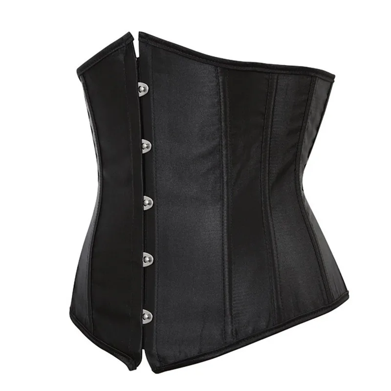 Sexy Women Satin Corsets Plus Size Lace Up Boned Waist Trainer Corsets Bustier Slim Bodyshaper Underbust Short Corselet Black