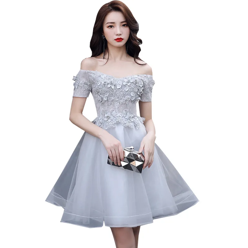 Boat Neck Floral Applique Evening Dress Short Sleeve Tulle With Beads Evening Dresses Short Real Photo Elegant Vestido De Festa