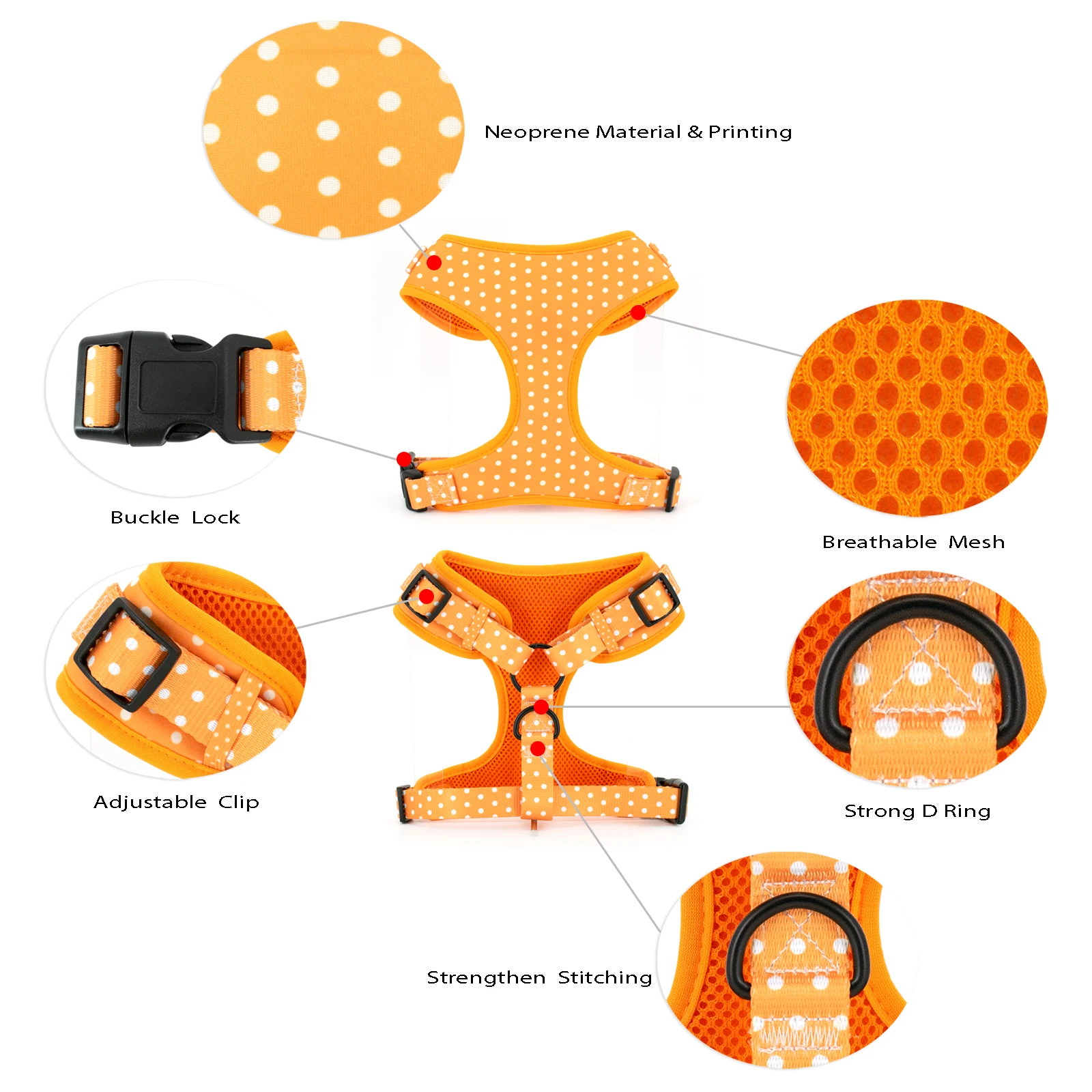 Collarlogo Adjustable Pet Dog Collar Durable Soft Cute Creative Orange Dot Design Leash Neoprene Harness Poop Bag Dispenser