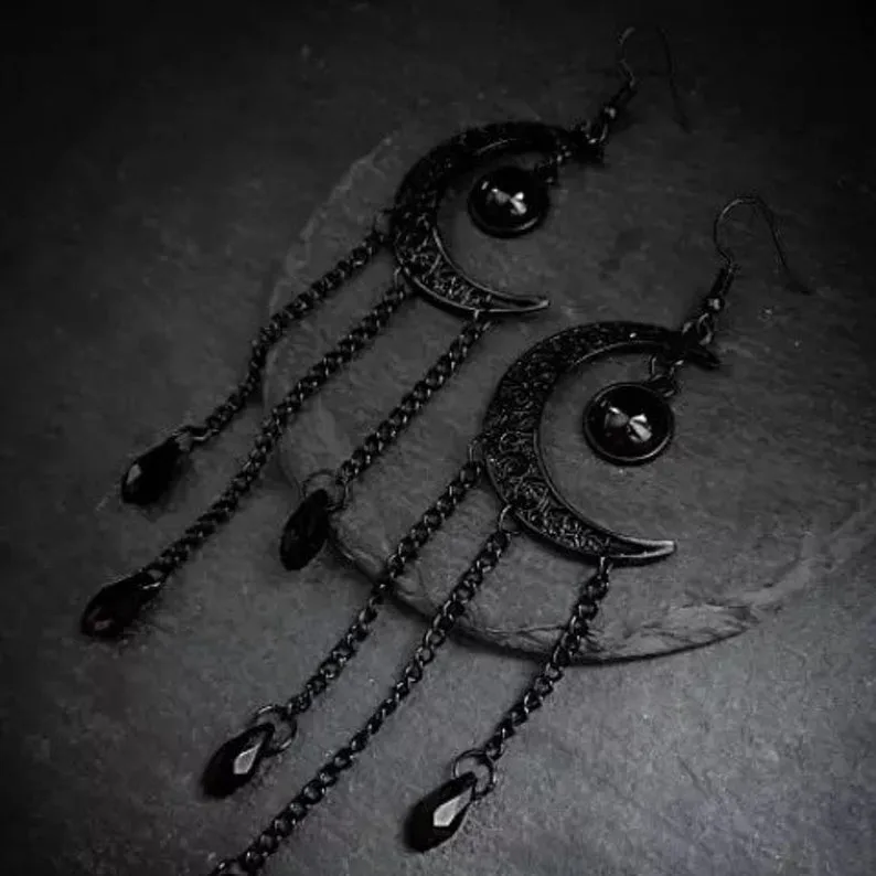 Gothic Dark Moon Earrings Crescent Punk Horror Magick Spooky Witch Statement Jewelry Occult Wiccan Pagan Fashion Women Gift