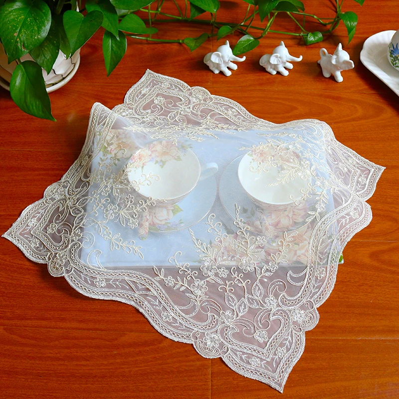 Square 42cm Exquisite Embroidery European Placemat Coaster Dust Cloth Balcony Coffee Table Mat Christmas Wedding Decoration