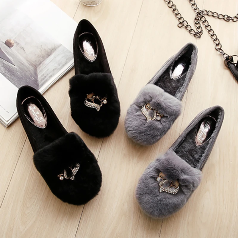 Crystal Fox Decoration Shoes Large Size Women's Winter Loafers Furry Moccasin Fur Ballet Shoes Plush Warm Woman Rabbit Fur Flats