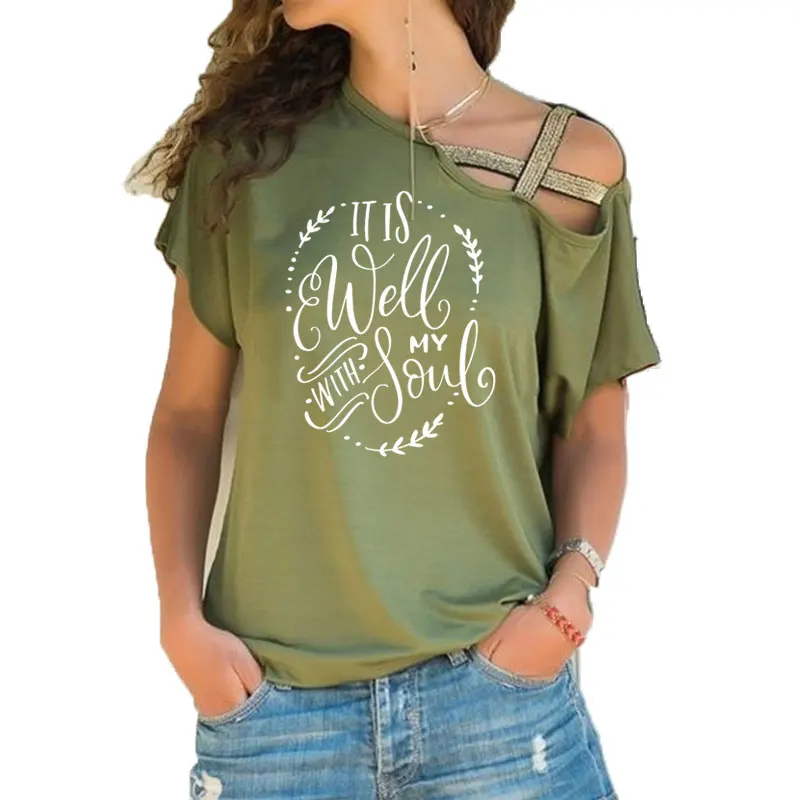 it is well with my soul T-Shirt Christian Casual Stylish Religious Tee Summer Cotton Irregular Skew Cross Bible Verse Tops