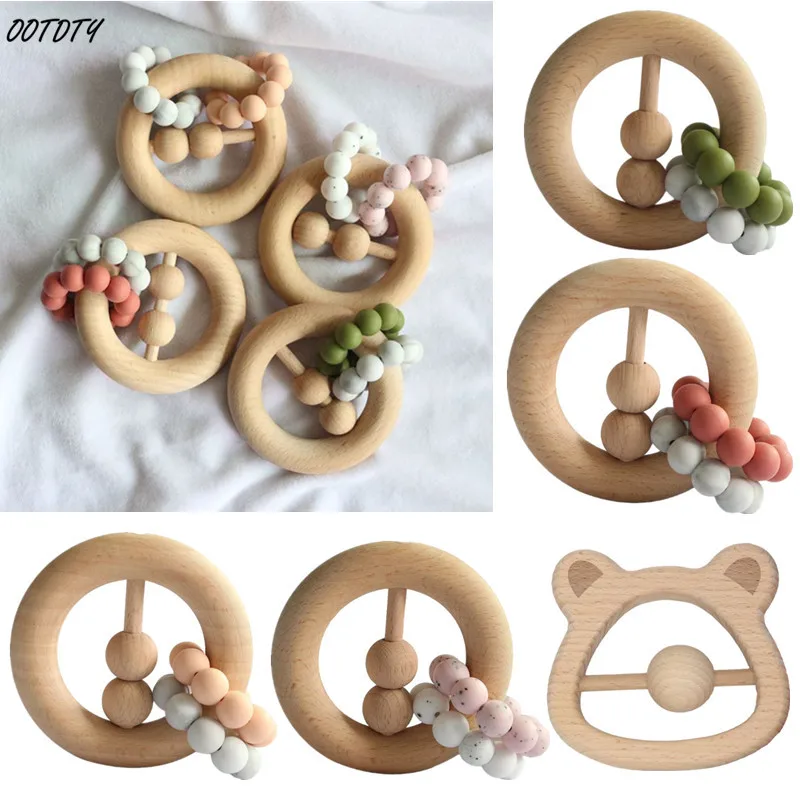 

OOTDTY Baby Teething Wooden Ring Beaded Rattle Cartoon Chewing Teether Newborn Nursing Chewing Toys Shower Gifts